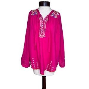 Johnny Was Pink Multi Color Floral Embroidered Peasant Cotton Blouse size Medium